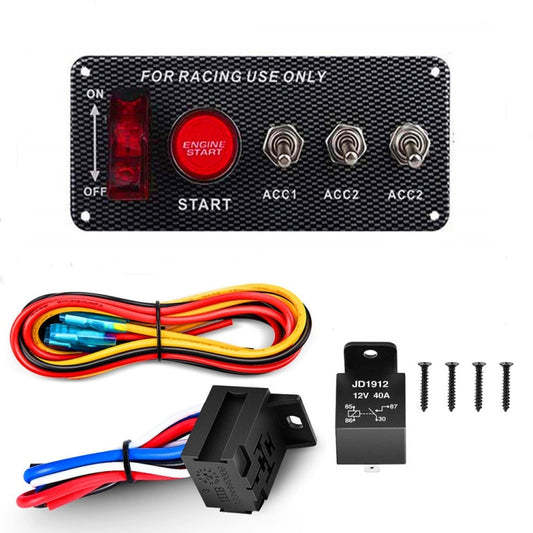Racing ignition switch panel with red ENGINE START button and three ACC terminals