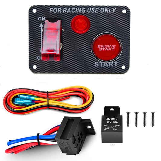 Racing ignition switch panel with illuminated red engine start button and red rocker switch