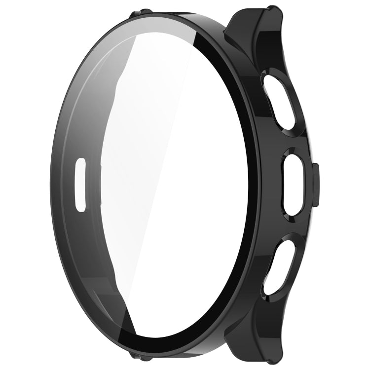 Black PC watch case with integrated tempered glass film, open front and side slots