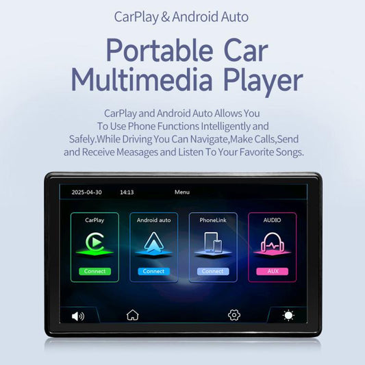 Portable car multimedia player touchscreen display showing CarPlay and Android Auto menus