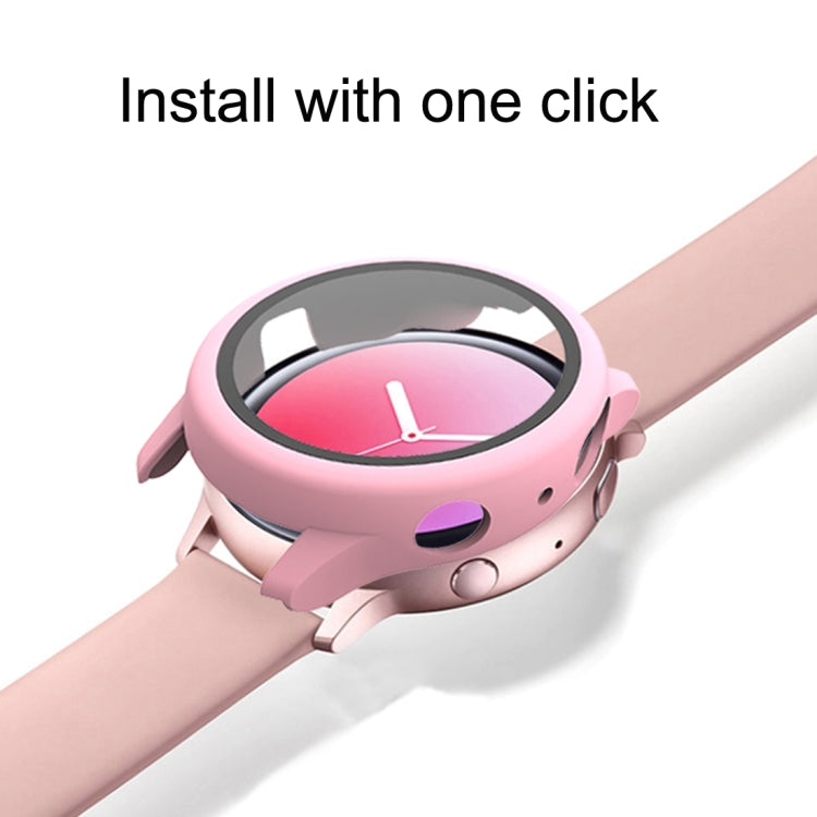 Pink protective watch bezel case installed on a smartwatch with circular screen