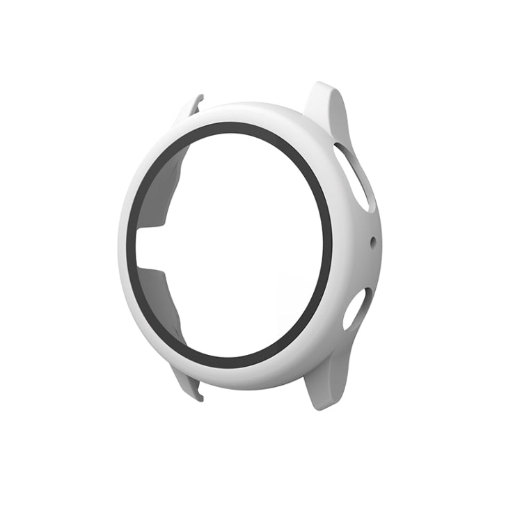 Protective smartwatch case with tempered glass film, white bezel with side cutouts