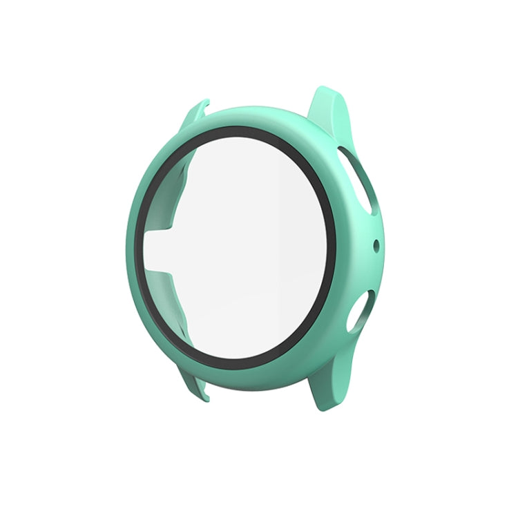 Protective smartwatch case with tempered glass film, mint green bezel angled view