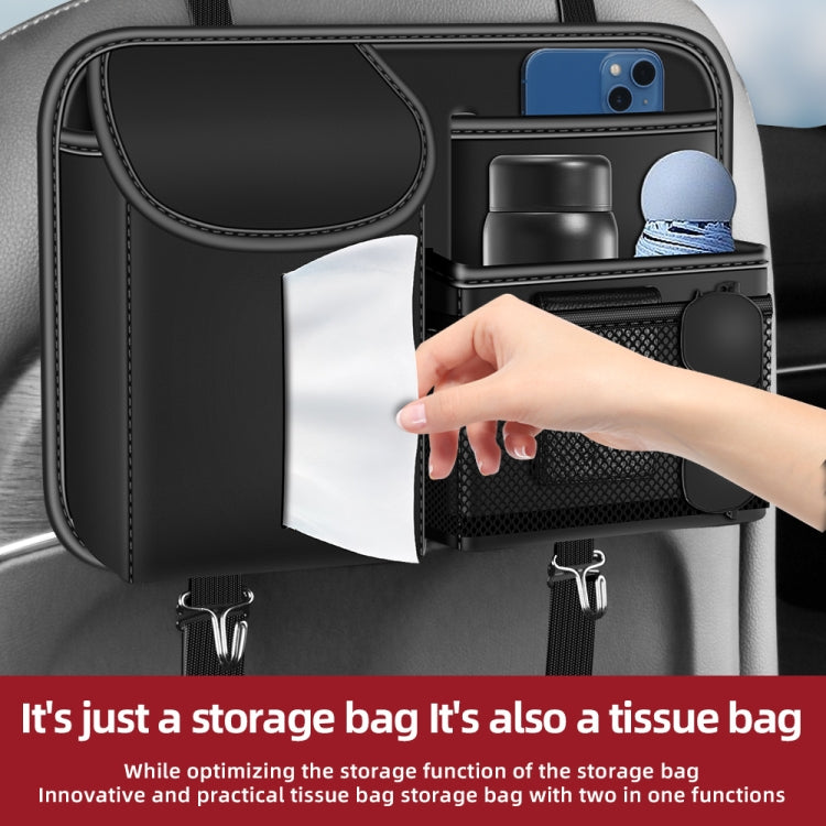 Black car seat back storage bag with tissue holder flap and mesh side pockets