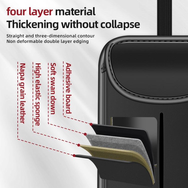 Black car seat back storage bag with stitched curved top flap and rigid divider