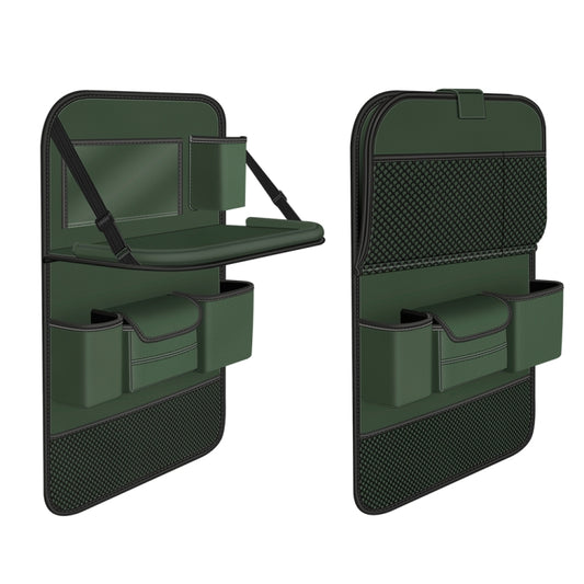 Foldable car seat back storage bag in olive green with front organizer pockets.