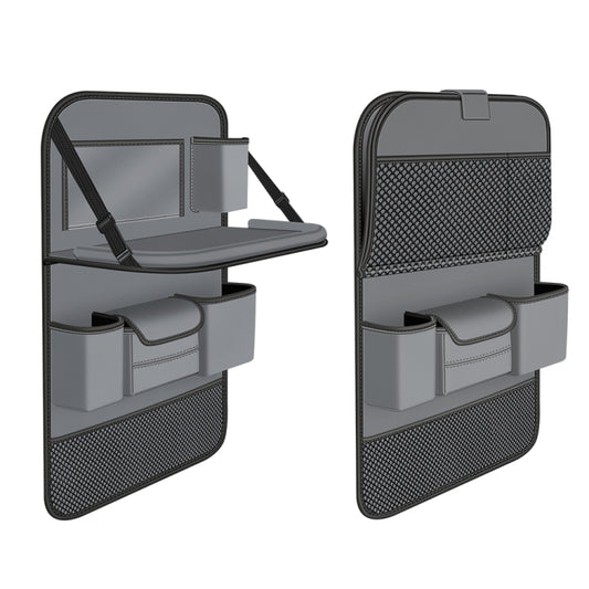Foldable car seat back storage bag in gray with front organizer pockets and strap.
