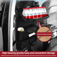 Black car seat back storage bag with bottle holder, compartments, and side pockets