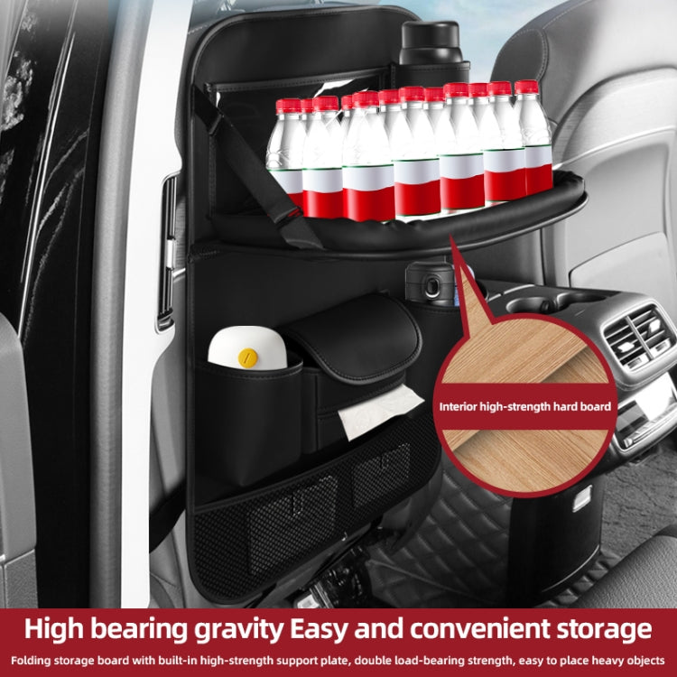 Black car seat back storage bag with bottle holder, compartments, and side pockets
