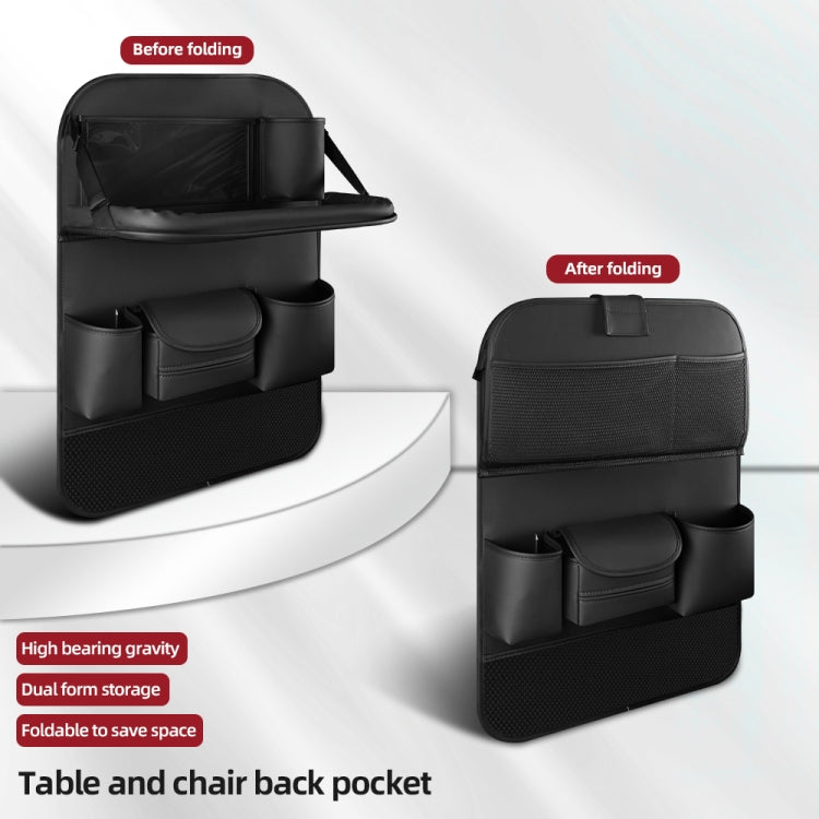 Black foldable car seat back storage bag with molded compartments, folded and open views