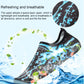 Black swim shoe with blue splash pattern upper and elastic collar
