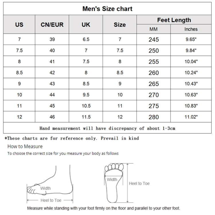 Men's size chart for swim shoes with US and EU sizing and foot-length guide