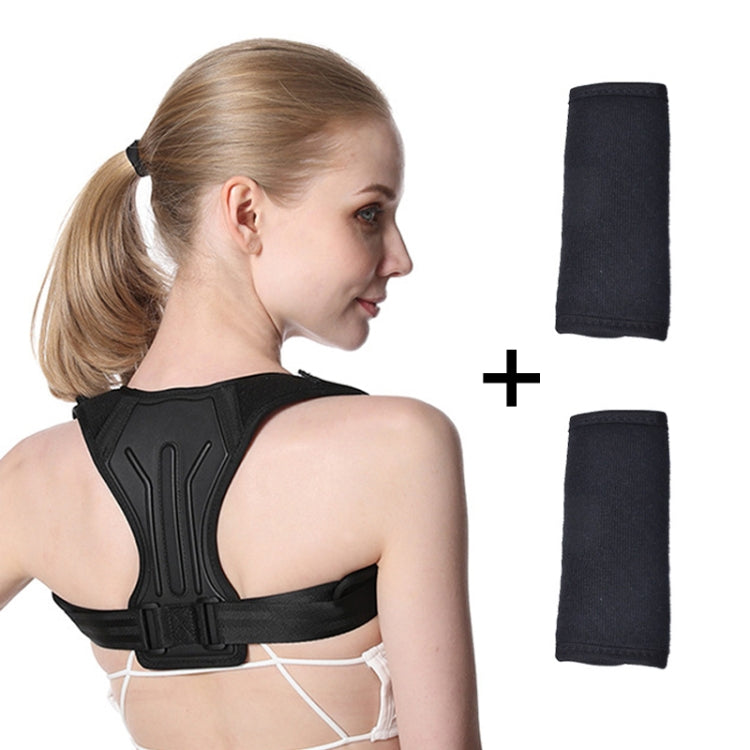 Black posture correction belt with shoulder strap support; extra strap pads included