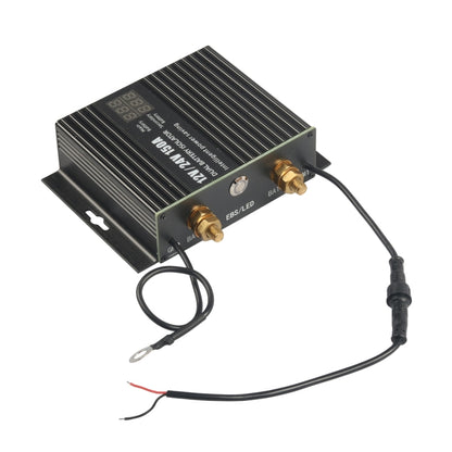 80–150A 12V dual battery isolation controller with brass terminals and wiring