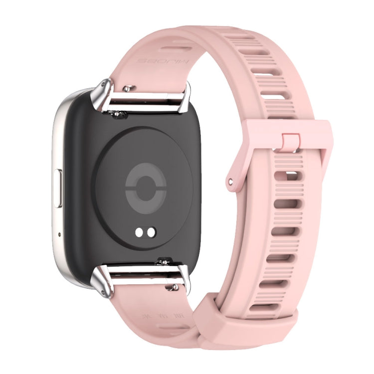 Light pink TPU watch band with ventilation holes and metal clasp, smartwatch side view
