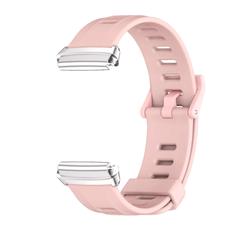 Light pink TPU watch band, perforated strap with metal buckle, smartwatch front edge