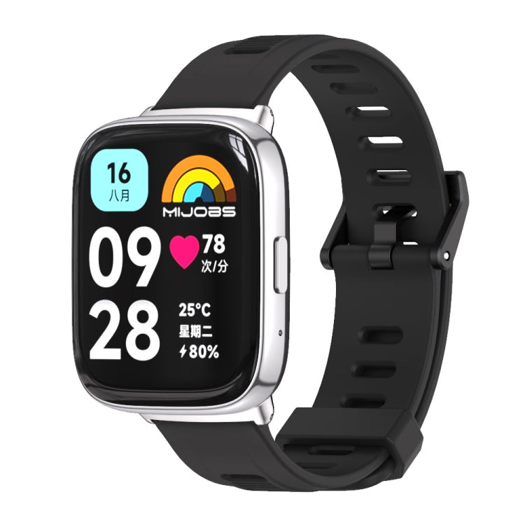 Black TPU watch band with ventilation holes and metal clasp, smartwatch front view