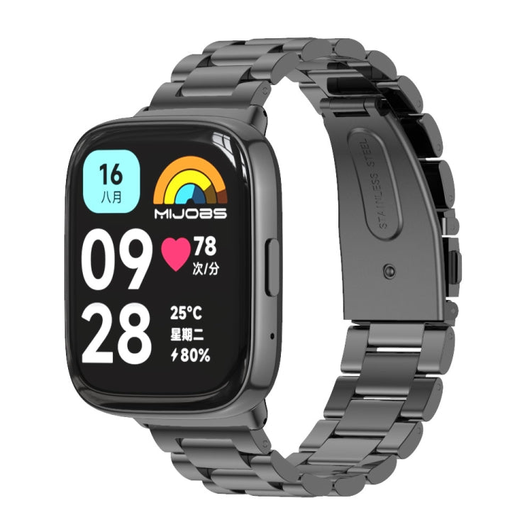 Black three-bead metal watch band with linked smartwatch, side view and clasp detail.