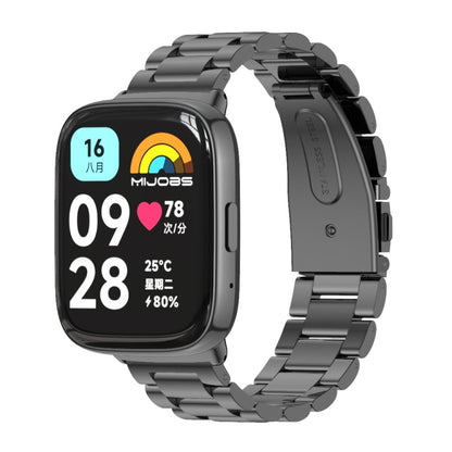 Black three-bead metal watch band with linked smartwatch, side view and clasp detail.