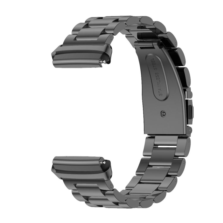 Black metal watch band with three-bead links, shown from side and partial strap section.