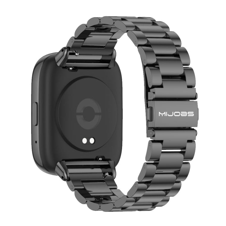 Black three-bead metal watch band with attached smartwatch, front-left view of links.