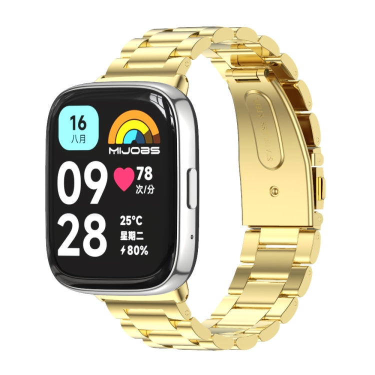 Gold three-bead metal watch band with linked smartwatch, front view and clasp detail.