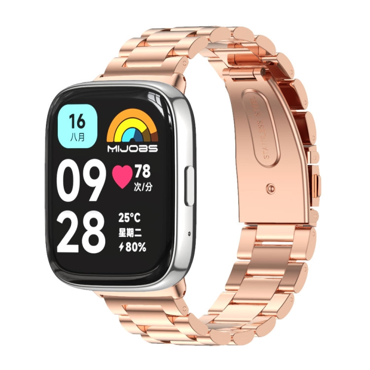 Rose gold three-bead metal watch band with linked smartwatch, front view and clasp detail.