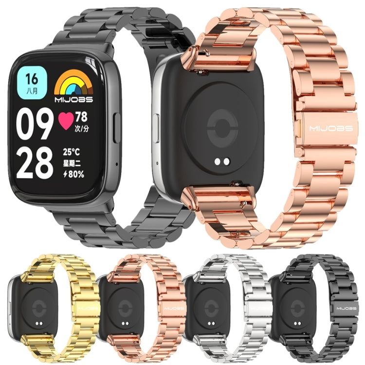 Assorted three-bead metal watch bands in black, rose gold, gold, silver, and dark colors.