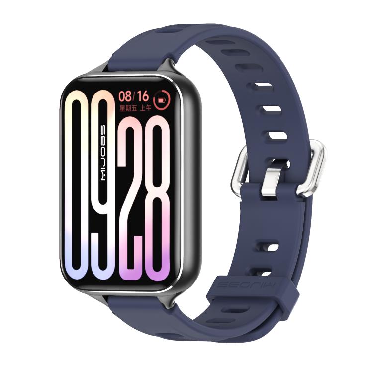 Navy blue silicone watch band with vented hole pattern and metal buckle clasp