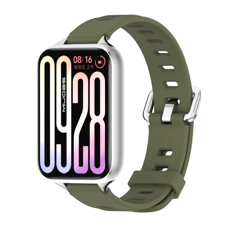 Silicone watch band with perforated holes, olive green color, side buckle view