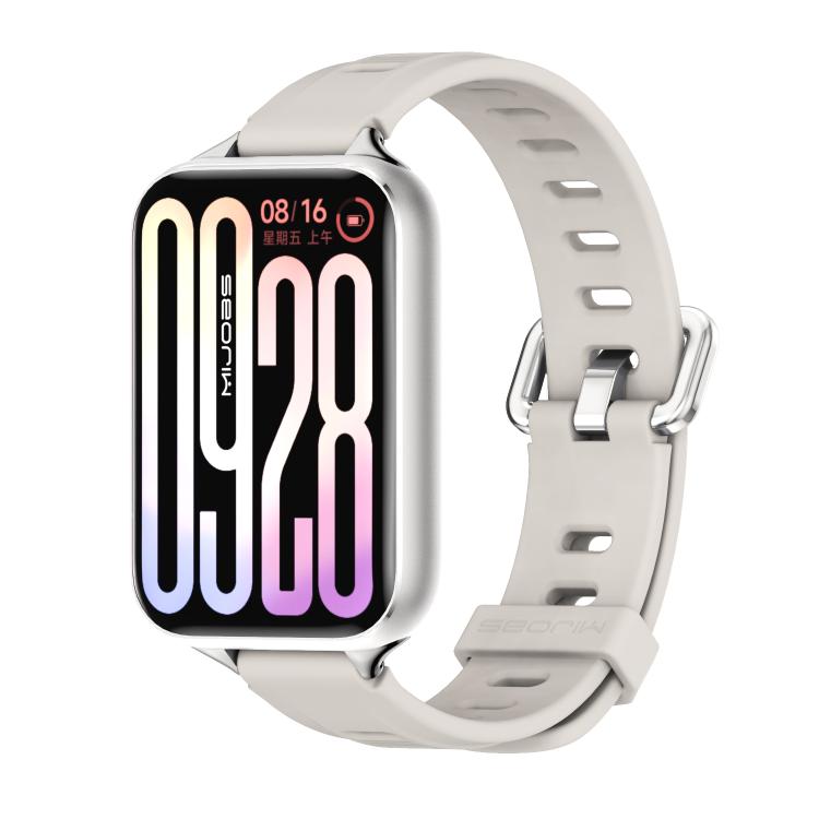 Light gray silicone watch band with perforated holes and metal buckle clasp