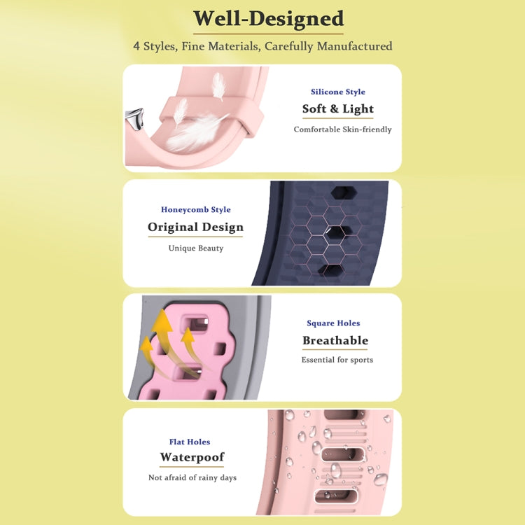 Silicone watch band with honeycomb, square-hole, and flat-hole perforation styles