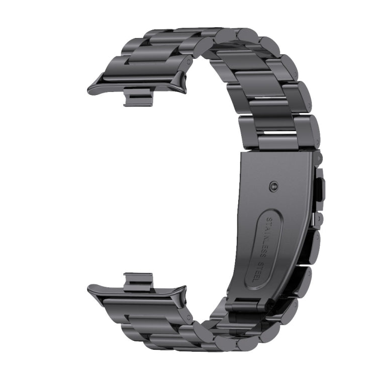 Black three-bead stainless steel watch band with clasp and linked metal bracelet