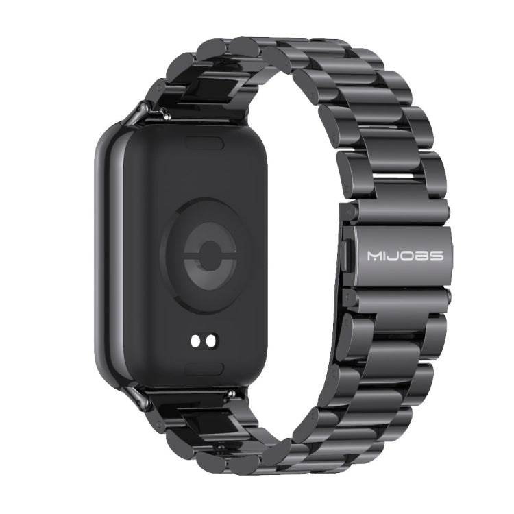 Black three-bead stainless steel watch band, close view of band and latch