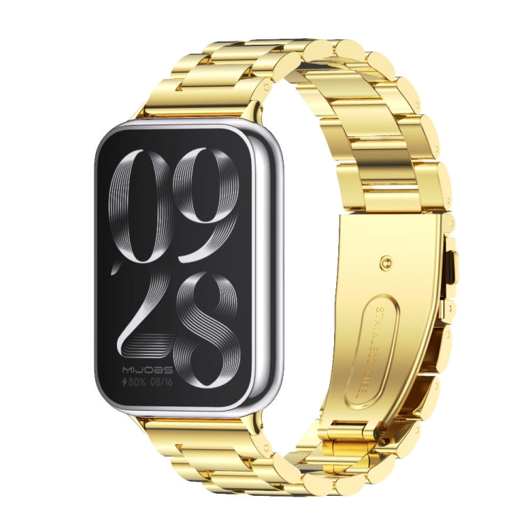 Gold stainless steel three-bead watch band with secure clasp for fitness tracker