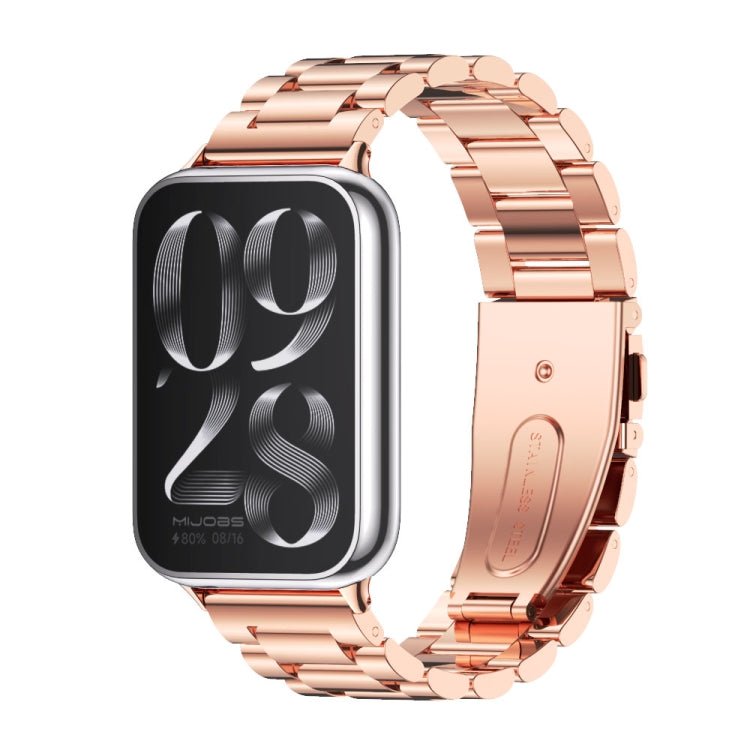 Rose gold stainless steel three-bead watch band with secure clasp for fitness tracker