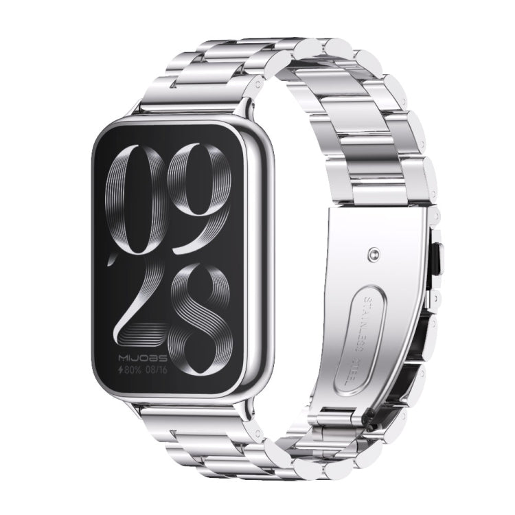 Silver stainless steel three-bead watch band with clasp, shown with watch display