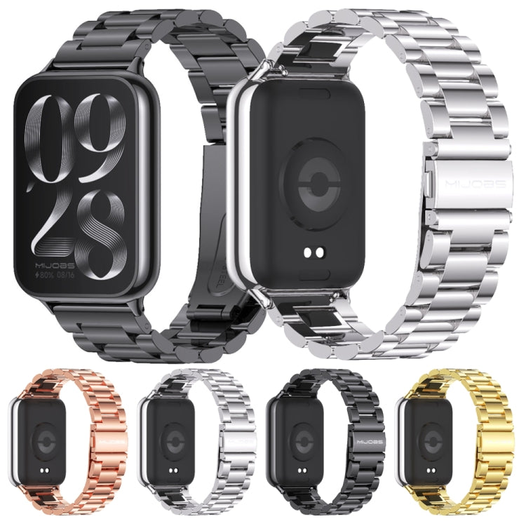 Three-bead stainless steel watch bands in multiple colors: black, silver, rose gold, gold