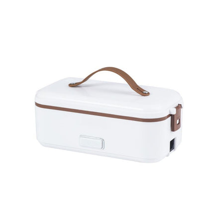 White electric lunch box with brown handle and side power slots