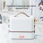 White electric lunch box with brown-trim straps and red front indicator light