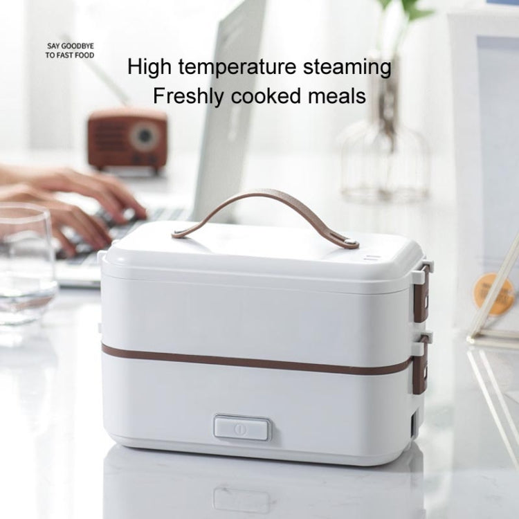 White electric lunch box with brown handle and side power ports