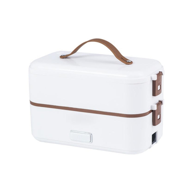 White electric lunch box with brown handle and trim stripe, showing side plug outlets