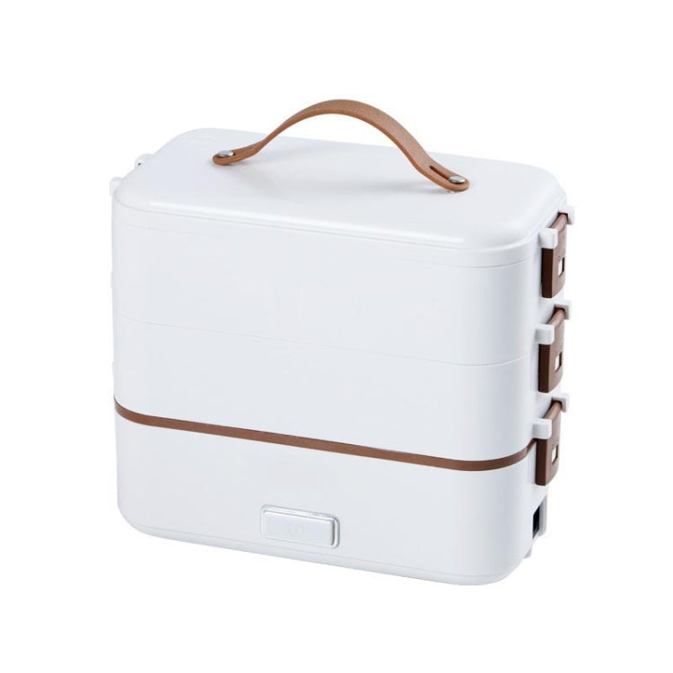 White electric lunch box with brown handle, side outlet panel, and front latch