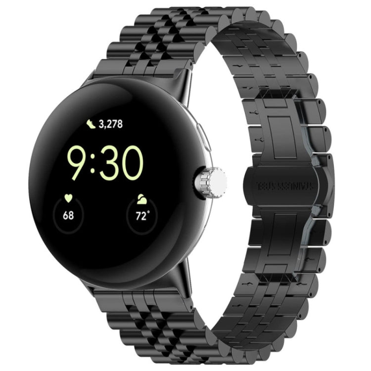 All-black stainless steel metal watch band with interlocking links and clasp