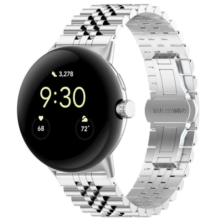 White stainless steel watch band with black checkered link pattern and metal clasp