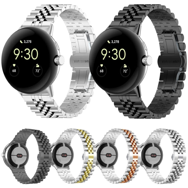 Metal watch band styles set in silver, black, gold, and multicolor link designs