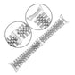 Silver stainless steel watch band with rectangular link segments and folding clasp