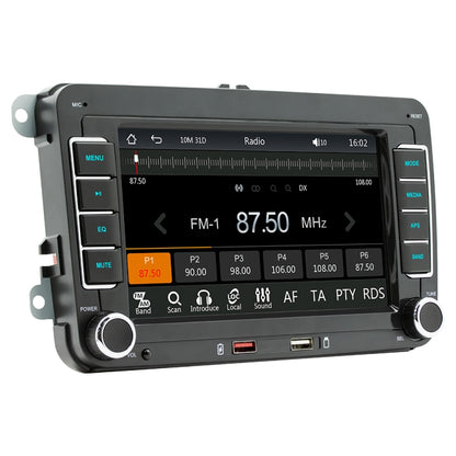 7-inch car MP5 head unit with touchscreen, radio controls, and two large volume knobs