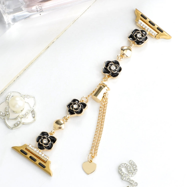 Gold and black floral charm chain watch band with heart and long connector