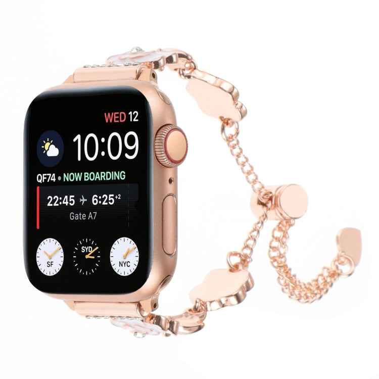 Rose gold metal chain bracelet watch band for Apple Watch, side view with camellia links